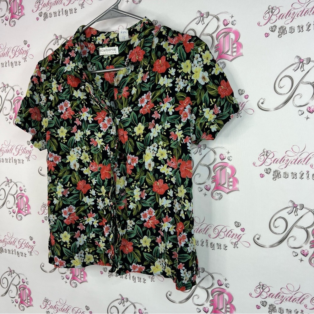 Liz Claiborne Button up Hawaiian πΊ print flowers Black Floral Button-Down Shirt - Picture 3 of 10